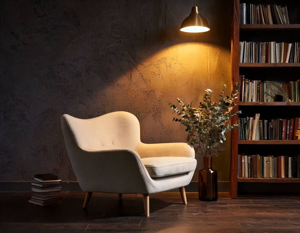 Eine Lampe leuchtet einen Sessel und eine Bodenvase aus. Im Hintergrund steht ein rustikales Holzregal mit alten Büchern.