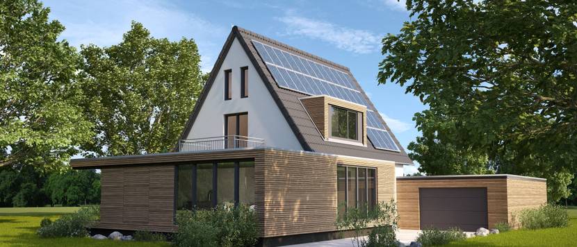 Ein weißes Haus mit einem modernen Anbau mit Holzfassade