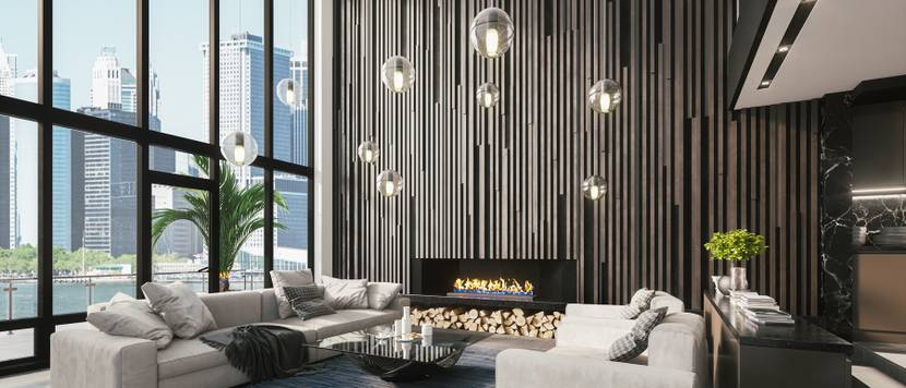 Wohnzimmer in modernem Design vor großen Fenstern.