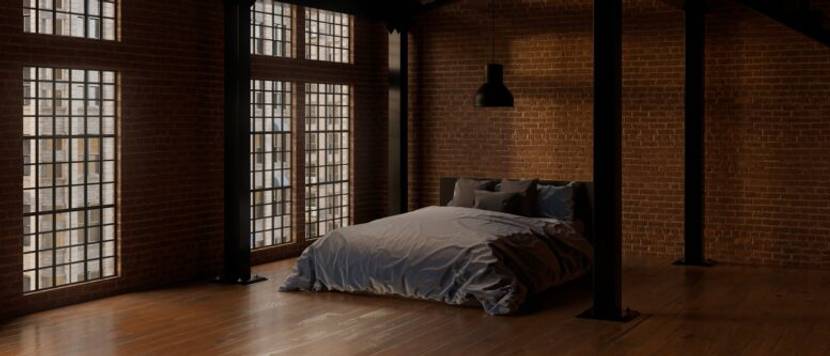 Industriell gestaltetes Loftapartment mit schwarzen Metallbalken in einem hohen Schlafzimmer.
