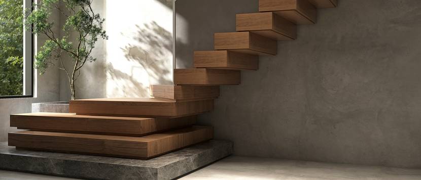 Kragarmtreppe aus Holz in einem modernen Bau.