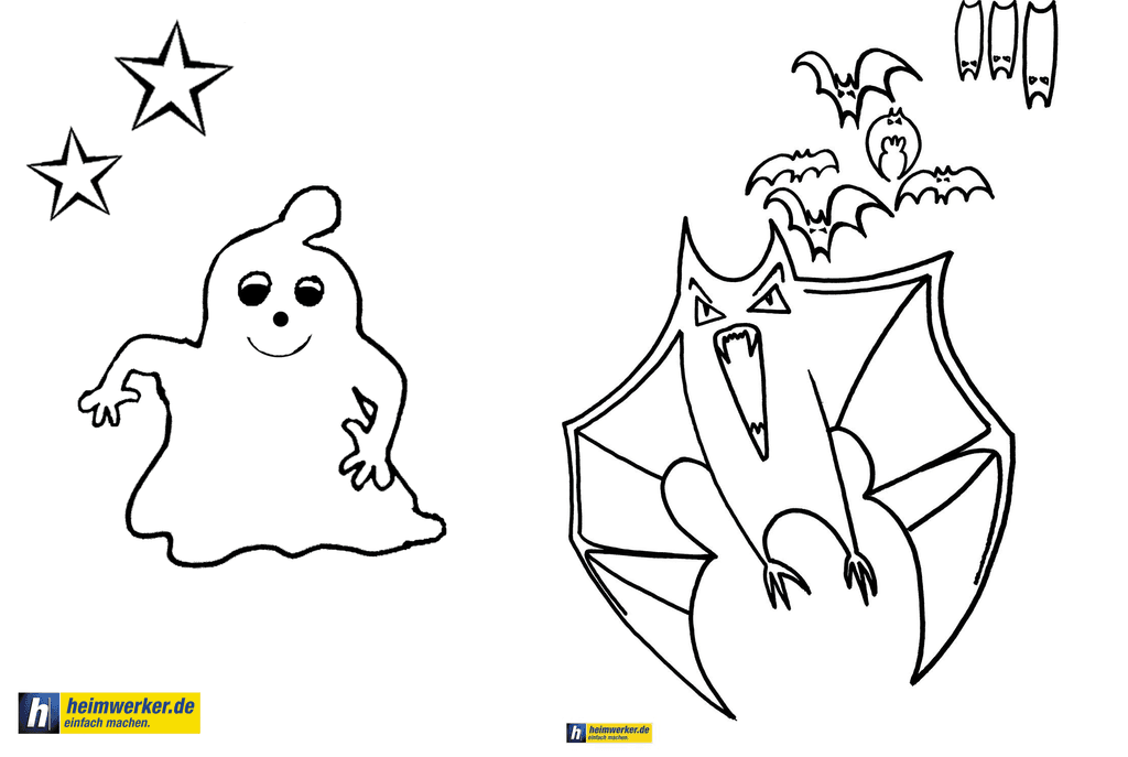 ausmalbild-halloween-geist-und-fledermaus
