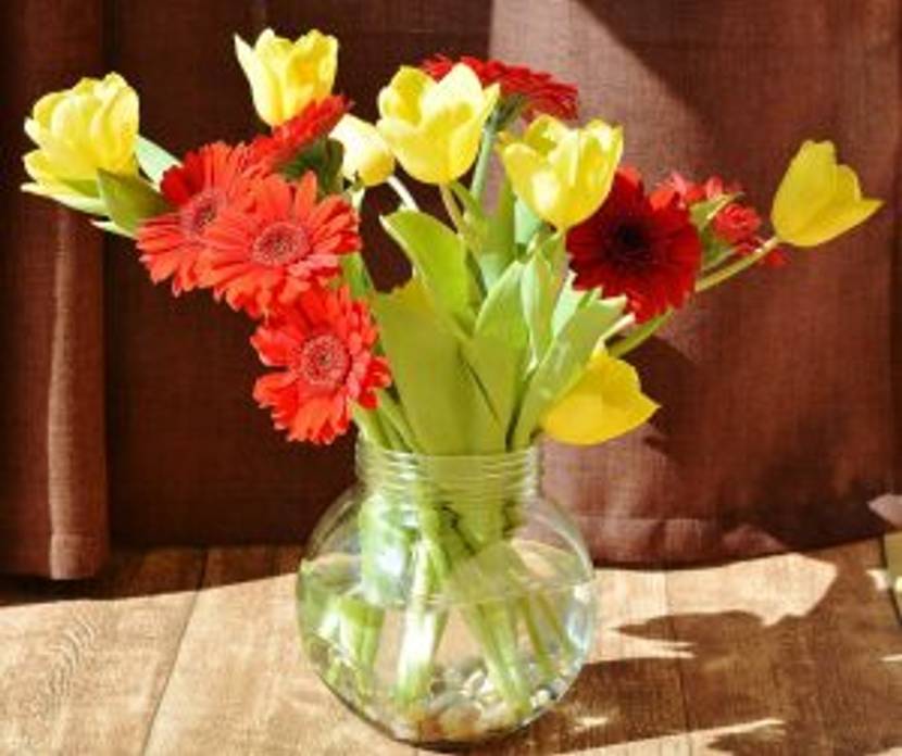 einfache Gerbera und Tulpen