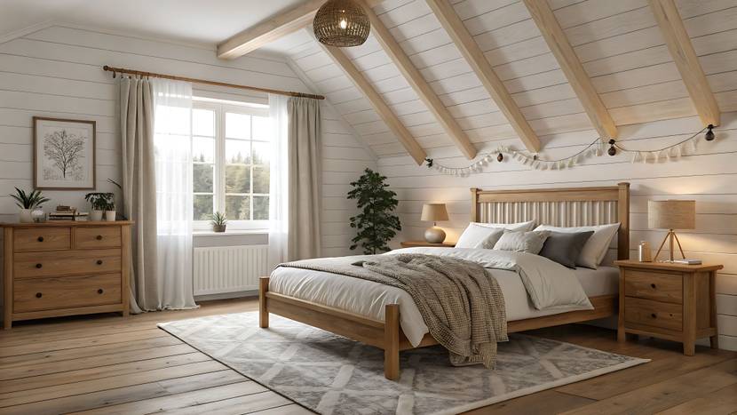 Ein Schlafzimmer, das im Landhausstil eingerichtet ist, befindet sich im Dachgeschoss.