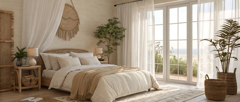 Ein Schlafzimmer im Boho-Stil mit braunen und weißen Farbtönen.
