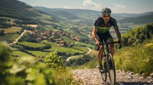 Fahrradhosen für Herren getestet: Mann fährt mit seinem Fahrrad einen Schotterweg bergauf.