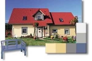 Freistehendes Haus in hellen Gelbtönen mit blauem Akzent