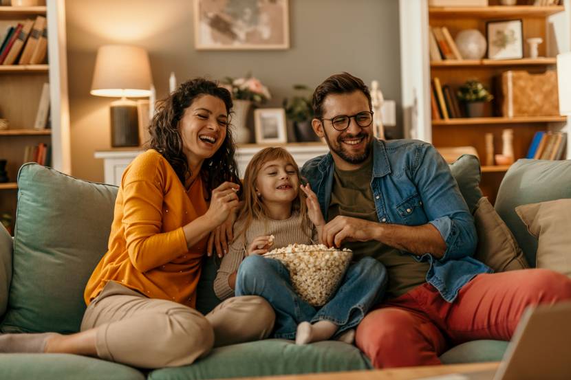 Eine Familie sitzt mit Popcorn auf dem Sofa. Im Hintergrund sieht man ein gemütlich beleuchtetes Sideboard.