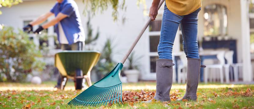Mann und Frau bereiten ihren Garten für den Winter vor.