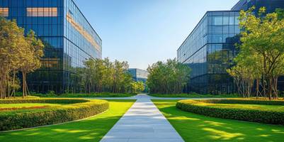 Ein Bürogelände mit einem Weg, gepflegten Grünanalgen unter einem blauen Himmel.