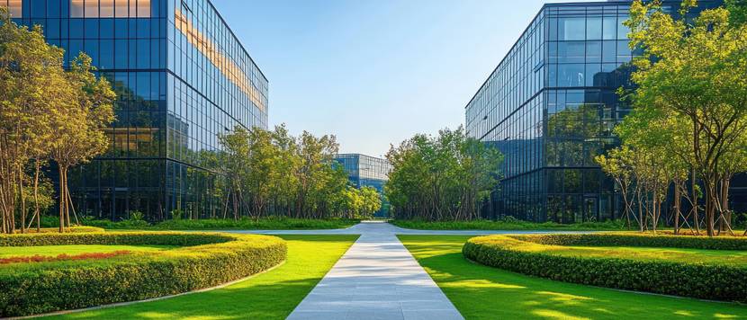 Ein Bürogelände mit einem Weg, gepflegten Grünanalgen unter einem blauen Himmel.