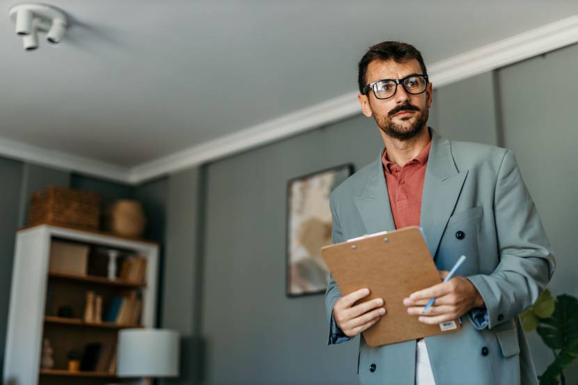 Ein Gutachter ermittelt den Wert einer Immobilie. Dafür hält er ein Klemmbrett mit Dokumenten in der Hand.