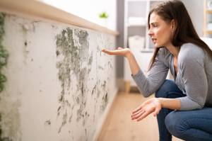 Überraschender Schaden: Frau sieht sich Schimmel an der Wand an.
