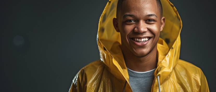 Herren-Regenjacke getestet: Mann in knallig gelbem Regenanorak.
