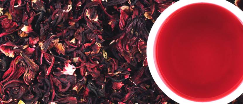 getrocknete blueten von hibiskus zu tee verarbeitet