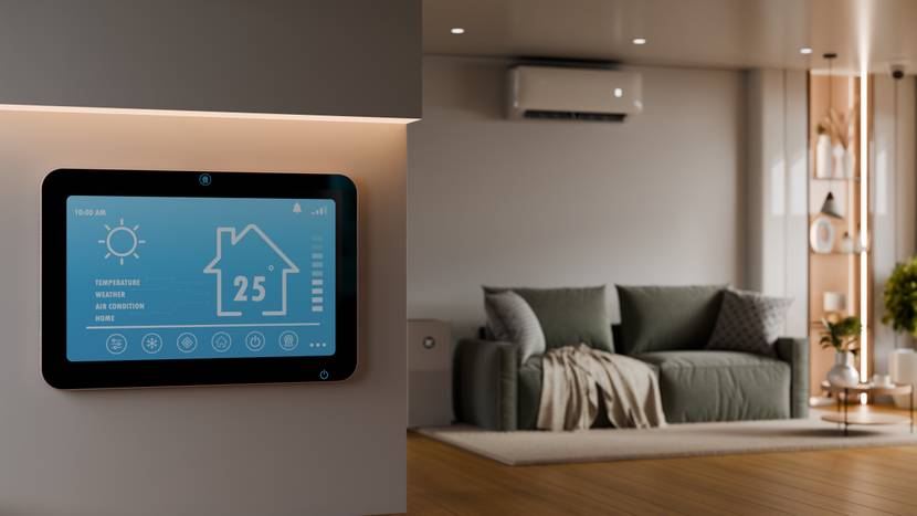 Digitale Thermostat-Oberfläche für Smart Homes an der Wand vor verschwommenem, modernem Wohnzimmerhintergrund zur Veranschaulichung eines Energiesparkonzepts