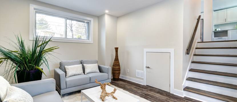 Ausgebauter Keller wird als Wohnzimmer genutzt. In ihm stehen zwei Sofas, eine Pflanze sowie Deko-Accessoires.
