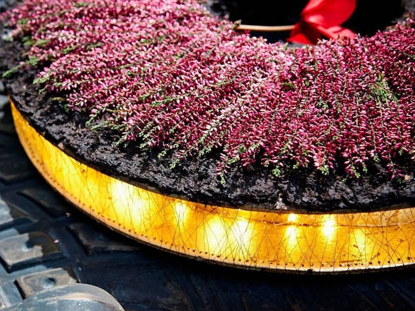 Goldfolie und -draht leuchten im Licht der LED-Lampen
