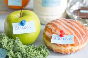 Apfel und Krapfen mit Kalorien-Zettel