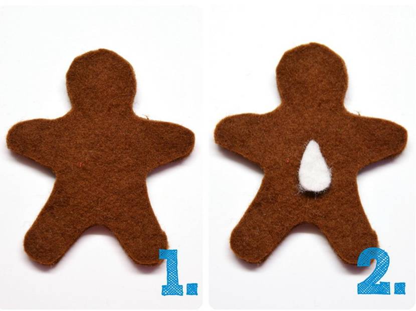 Lebkuchenmann aus Filz mit einer Mandel aus weißem Filz verzieren.