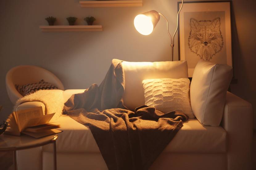 Eine Lampe ist auf einen Lesesessel gerichtet, auf dem eine kuschelige Decke liegt.