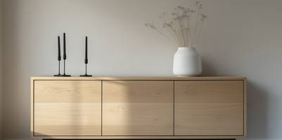Sonnenlicht fällt auf einen Teil einer Wohnzimmer-Wand mit Sideboard.