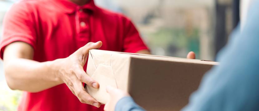 Person empfängt Paket an der Haustür.