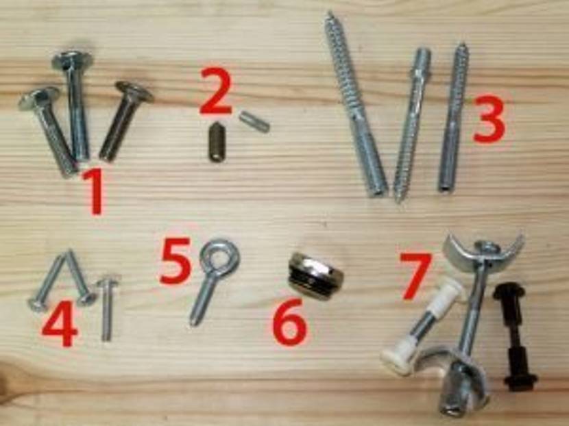 1. Schlossschrauben, 2.Madenschrauben, 3. Stockschrauben, 4. Möbelgriffschrauben, 5. Augenschraube, 6. Verschlussschraube, 7. Verbundschrauben