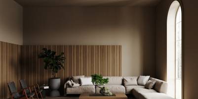 Minimalistische Wohnzimmereinrichtung mit Akustikpaneelen an der Wand.