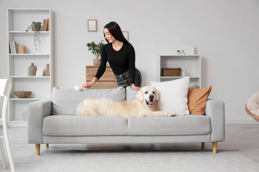 Eine Frau staubt ein Sofa ab, auf dem ein Golden Retriever liegt.
