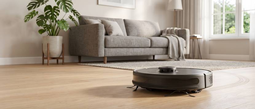Ein Staubsaugerroboter saugt und wischt den Holzboden in einem Wohnzimmer.