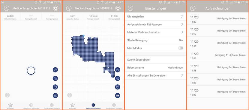 Die App zeigt sich sehr übersichtlich und zeigt die aktuell gereinigte Fläche an. Unter den Einstellungen können der Materialverschleiß abgerufen und die ausgeführten Reinigungsvorgänge aufgelistet werden.