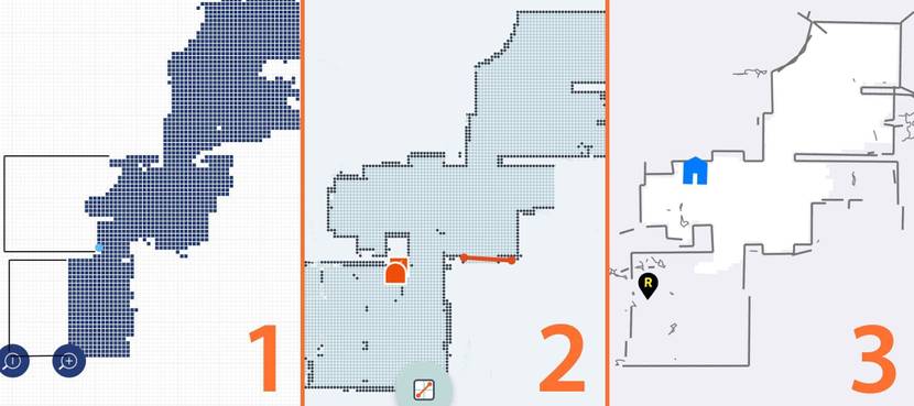 1. Medion MD 18318 (Reinigungsvorgang noch unvollständig) 2. Neato Botvac D7 Connected 3. Kärcher RoboCleaner RC 3 Deutlich zu sehen ist, dass die Aufzeichnung der Fahrwege nicht exakt ist und teilweise verschoben wird.
