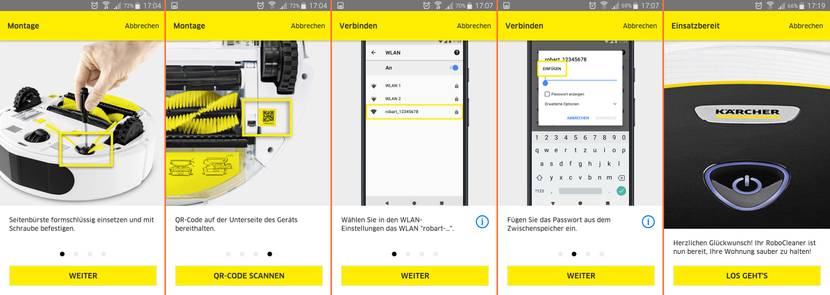 1. Saugroboter aufbauen. 2. Daten zur WLAN-Verbindung per QR-Code einlesen. 3. Mit dem WLAN des Saugroboters verbinden. 4. Einloggen und die heimischen WLAN-Zugangsdaten eingeben. 5. Der RoboCleaner verbindet sich und ist betriebsbereit.