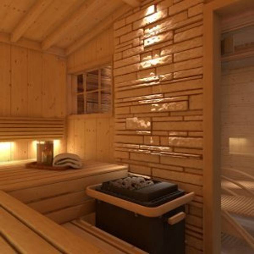 Sauna mit Ofen zum Entspannen.