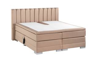 Boxspringbett getestet für Verbessern der Schlafqualität: Beiges Boxspringbett vor weißem Hintergrund, das die Schlafqualität steigern kann.
