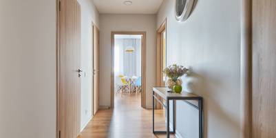 Schmaler, heller Flur in einer Wohnung mit Blick aufs Esszimmer.