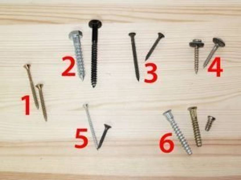 1. Spanplattenschrauben, 2. Wiener Schrauben, 3. Schnellbauschrauben, 4. Spenglerschrauben, 5. Bohrschrauben, 6. Möbelschrauben