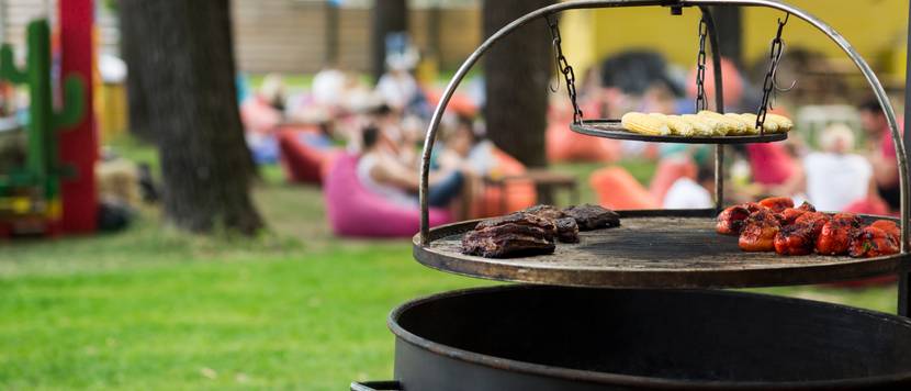 Schwenkgrill mit Fleisch und Gemüse in einem Garten.