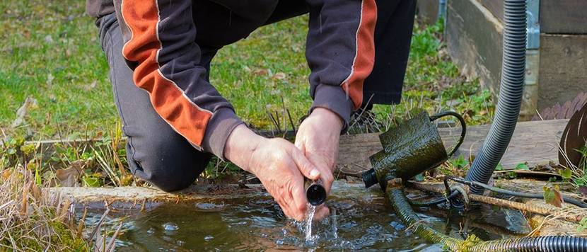 Gartenteich reinigen mit Poolreiniger, Algen entfernen.