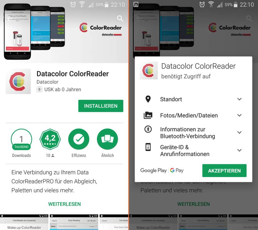 Eine eher mäßige Bewertung, dafür hält sich die App mit den benötigten Berechtigungen stark zurück.