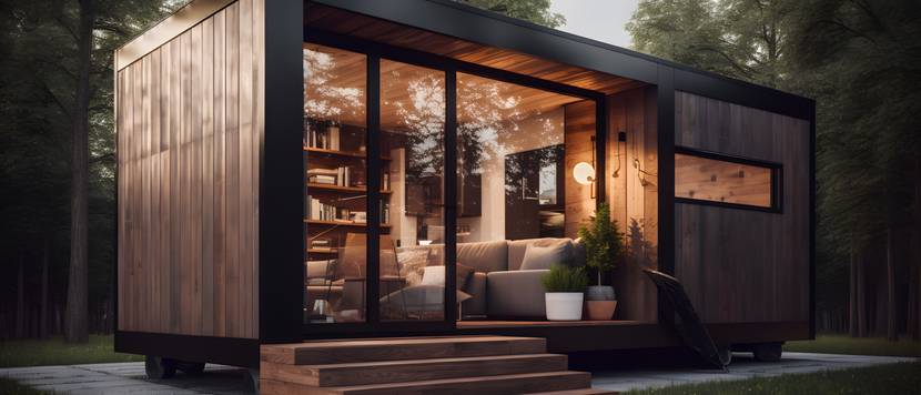minimalistisches tiny house aus holz in waldgebiet