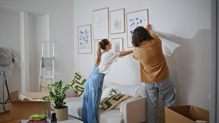 Ein junges Paar arrangiert Bilder in einer neu bezogenen Wohnung. Im Hintergrund stehen Umzugskartons und eine Leiter.