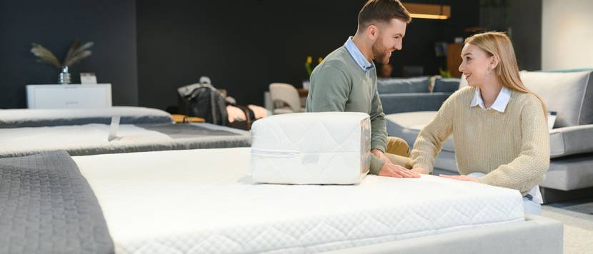 Junges Paar schaut sich in einem Möbelhaus ein Bett an.