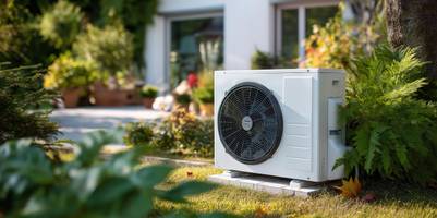 Eine mittelgroße Wärmepumpe steht im Garten eines Hauses.
