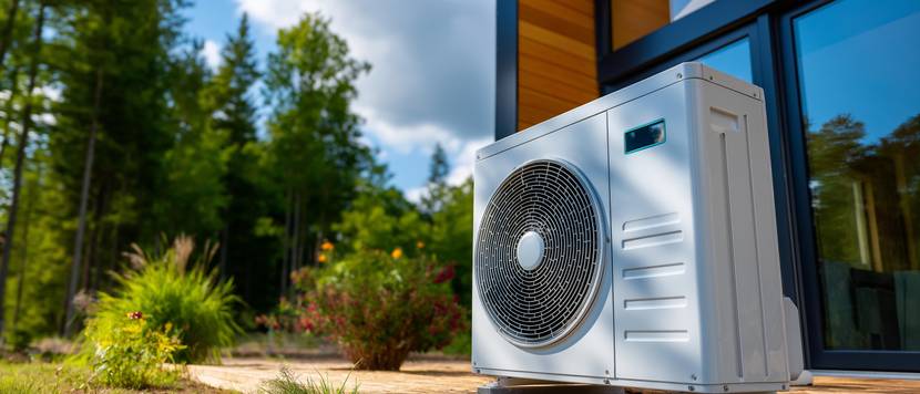 Eine Wärmepumpe steht im Garten vor einem Haus.