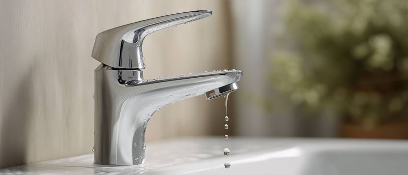 Tropfender Wasserhahn aus Edelstahl im Badezimmer.